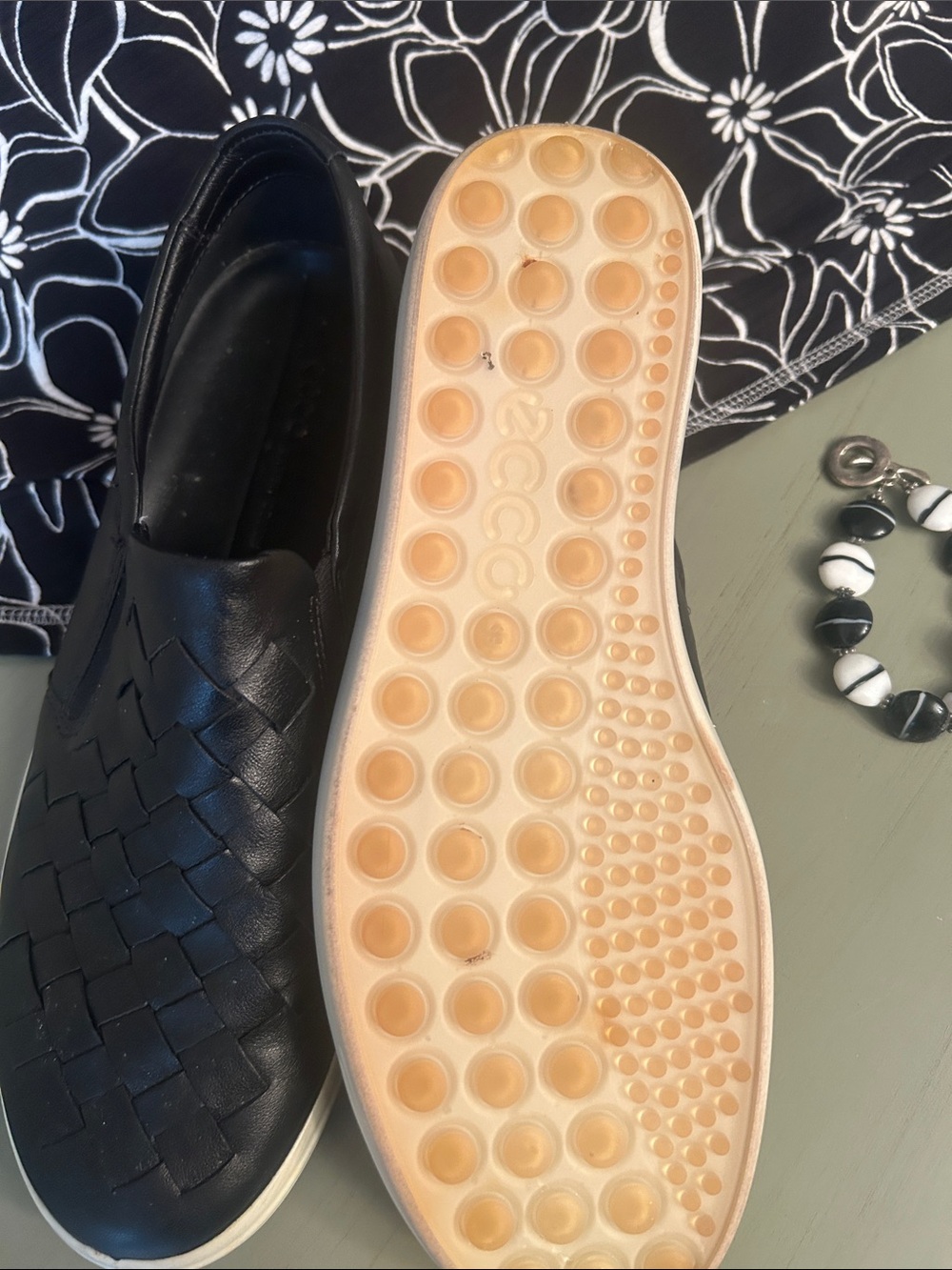Ecco Black Woven Leather Slip-On Loafers with Light Gum Sole